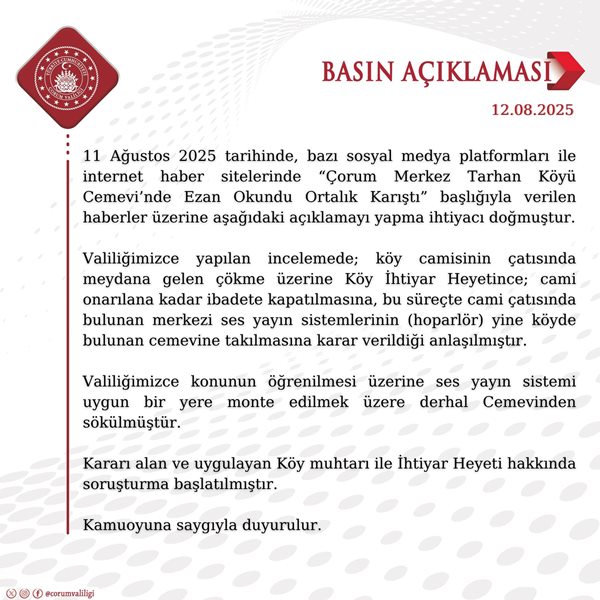 ÇORUM VALİLİĞİNDEN CEMEVİNDE “EZAN” OKUNMASIYLA İLGİLİ SORUŞTURMA!